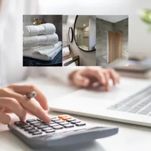 image d'une personne qui fait un devis gratuit salle de bain à Arras et dans les Hauts de France donc avec chiffrage avec sa calculatrice et ordinateur et dans le fond des images des salles de bain faites par Foucher Solution Confort